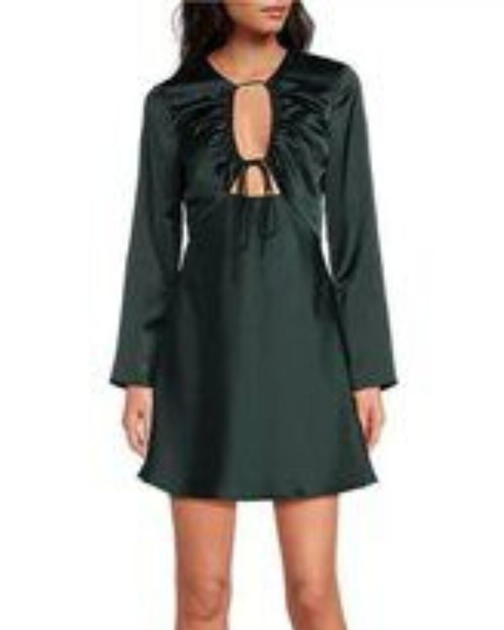 Gianni Bini NWT Raini Dark Hunter Green Satin Cut Out Tie Long Sleeve Mini Dress